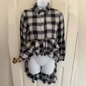 Black and White 100% Cotton Flannel High-low Button-Up Shirt faux Peplum waist